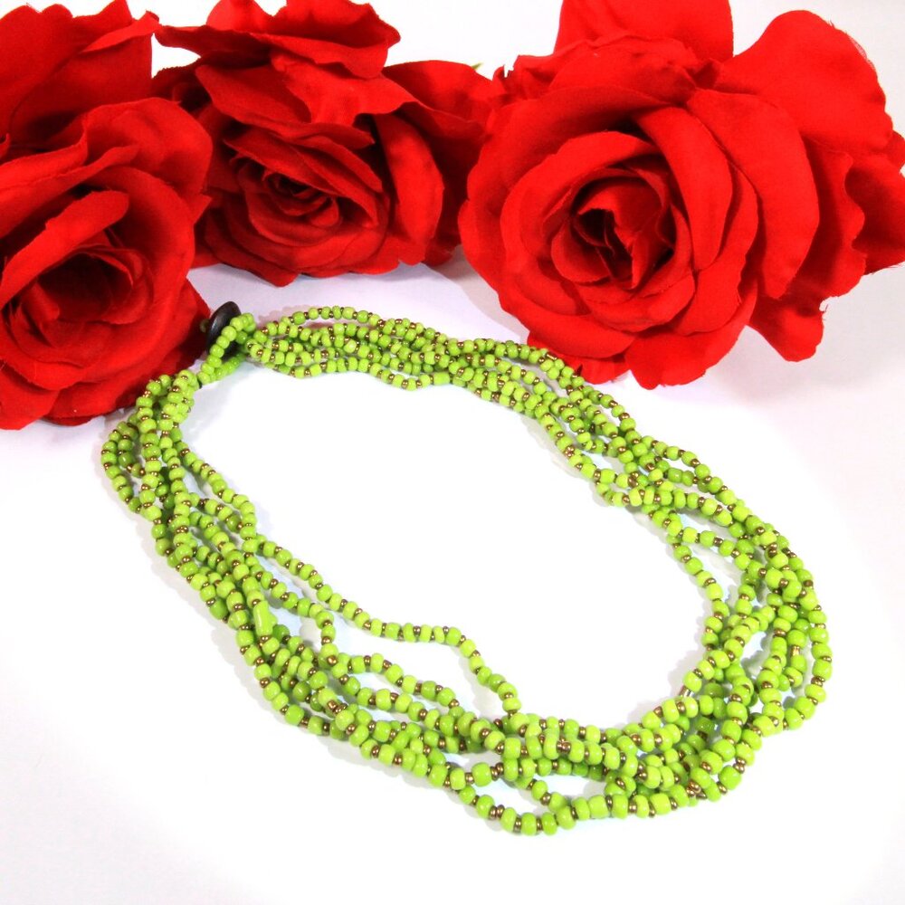 Green, Gold and Wood Seed Bead Necklace
